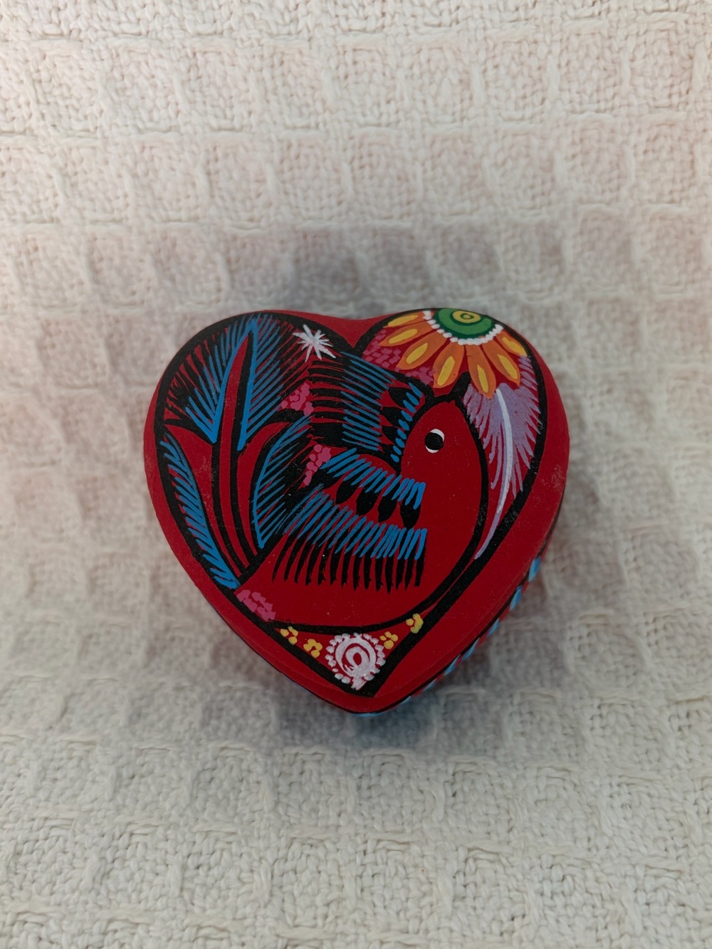 Hand-Painted Pottery Red Heart Trinket Box With Bird On The Lid Made In Mexico